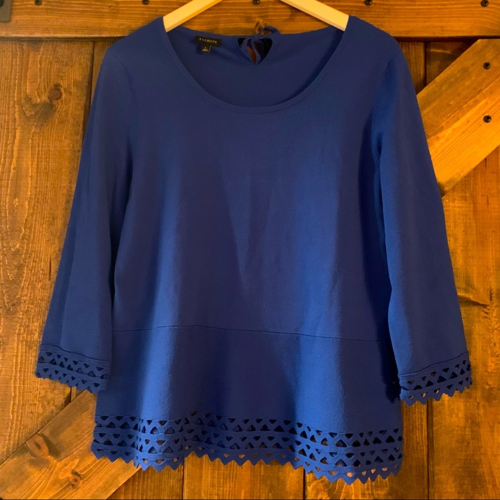 TALBOTS Blue Heavy Knit Tie Back Round Neck Lasercut 3/4 Sleeve Top
